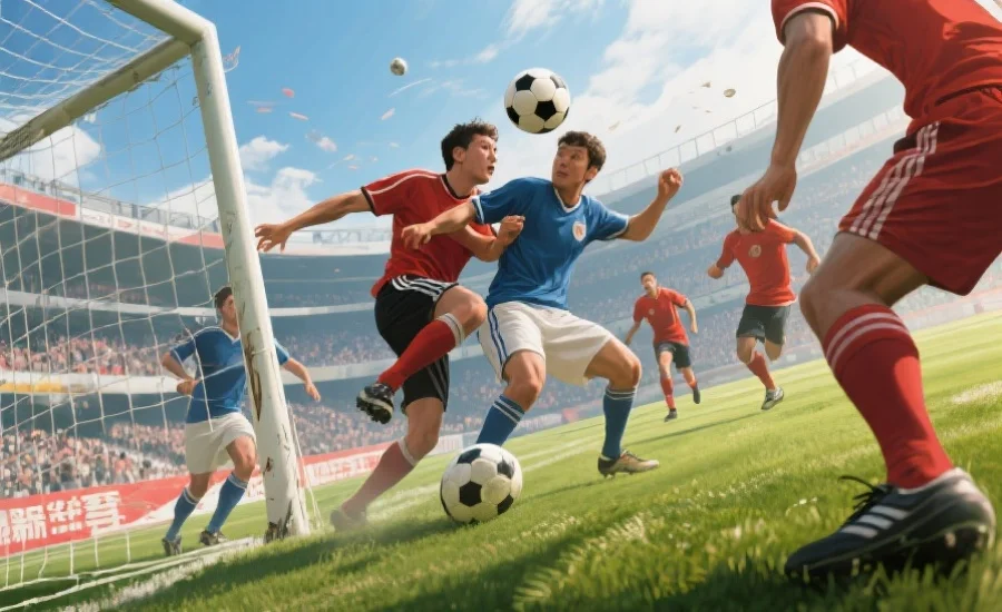 一幅描绘足球运动员在球场上激烈对抗、拼抢头球的动感画面，彰显新赛季的竞争氛围
